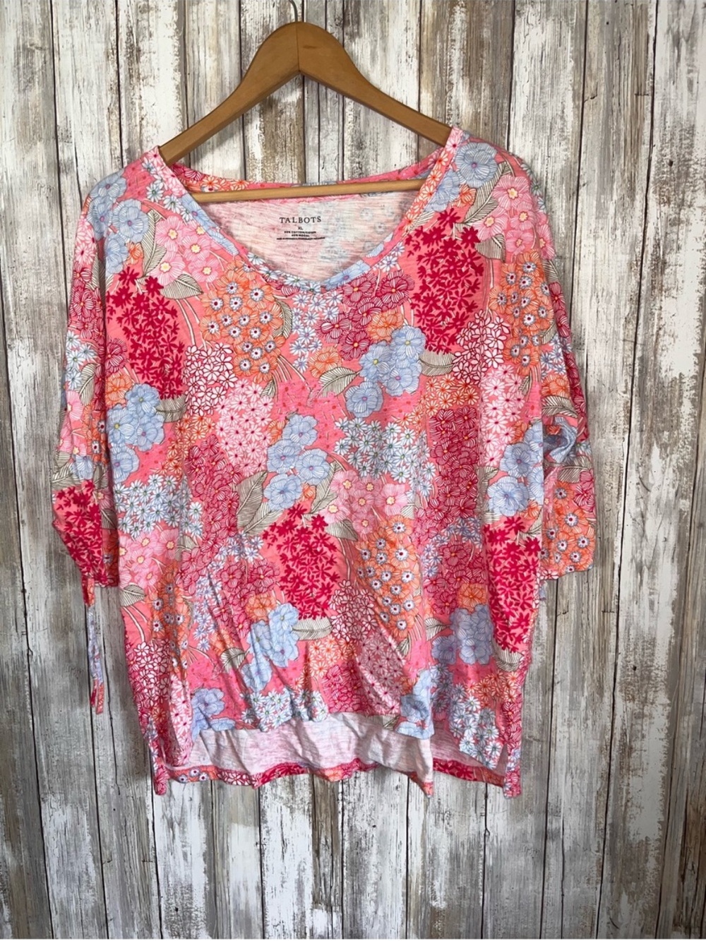 Talbots XL Pink Floral Cotton Modal Tie Sleeve High Low Top Blouse